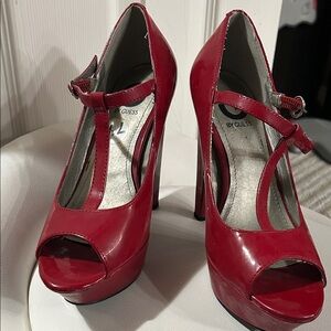 G by Guess Red Patent Peep Toe Heels